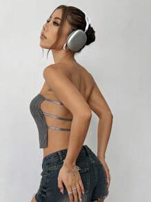 SHEIN Unity Women Striped Print Backless Tube Top Strapless Top - Grey - View 5
