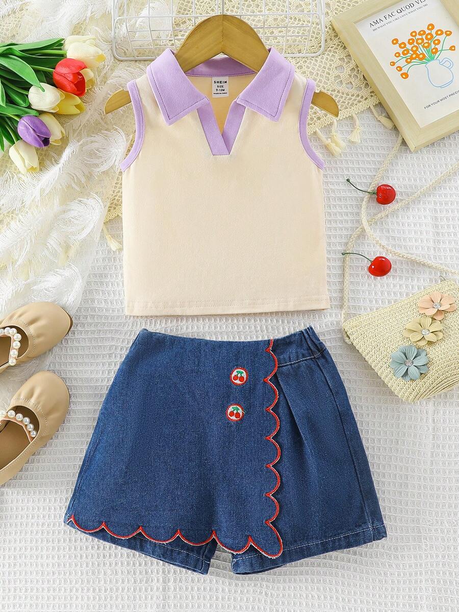 Baby Girl Summer Contrast Collar Tank Top & Scallop Trim Shorts - Multicolor - View 1