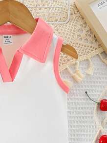 Girls' Contrast Color Turn-Down Collar Sleeveless Top And Shorts Set, Summer - Multicolor - View 4