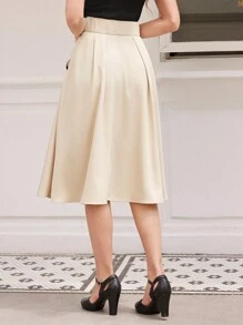 Vintamour 复古优雅女式 A 字裙，编织褶皱搭配撞色边缘，双排扣带口袋，适合度假和工作通勤返校服秋季女装老款商务女装休闲服教师服秋季服装工作女装 - 杏色 - 查看 6