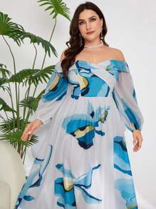 Modelyn Plus Size Off-Shoulder Long Sleeve Color Blocking Summer Dresses For Women - Green - View 5