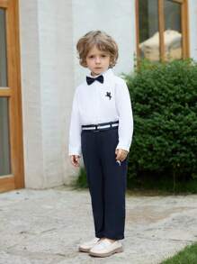 SHEIN Young Boy Gentleman 2pcs Striped Blue Long Sleeve Shirt And Suit Trousers With Belt,Summer Traditional Wedding Birthday Party Evening Performance Set - White - View 4