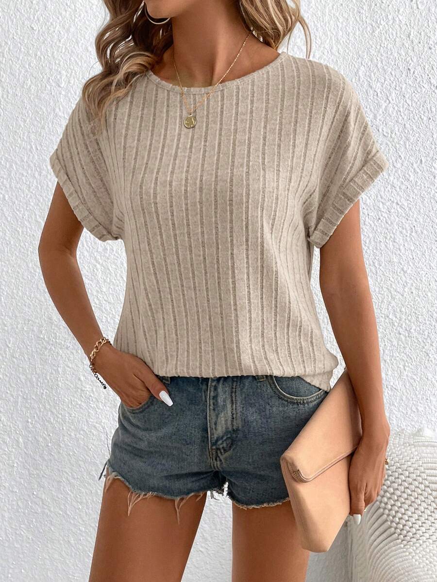 SHEIN LUNE Solid Round Neck Batwing Sleeve Tee,Casual - Beige - View 1