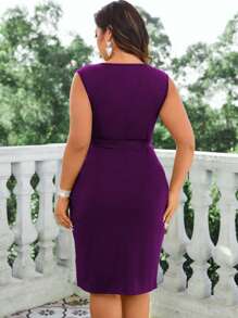 Cravure 大码女式纯色裹身结无袖时尚婚纱 - 紫色 - 查看 2