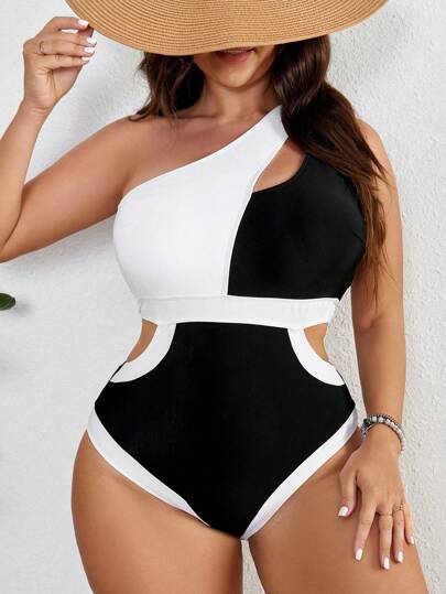 Swim Vcay Traje de baño de una pieza con bloques de color y un hombro descubierto para tallas grandes, apto para verano