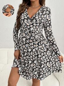 SHEIN Maternity Floral Print V-Neck Long Sleeve Nursing Dress, Daily Casual Wear