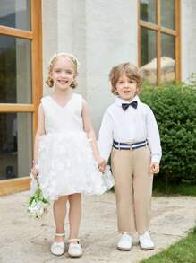 SHEIN Glamorique Kids Daily Casual Elegant 3D Flower Mesh Girls' Dress, Ideal For Wedding/Prom, Spring/Summer, Puffy Skirt - White - View 1