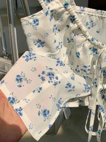 Comfortcana Áo Babydoll hoa xanh trắng ngọt ngào - Xanh và trắng - Xem 3
