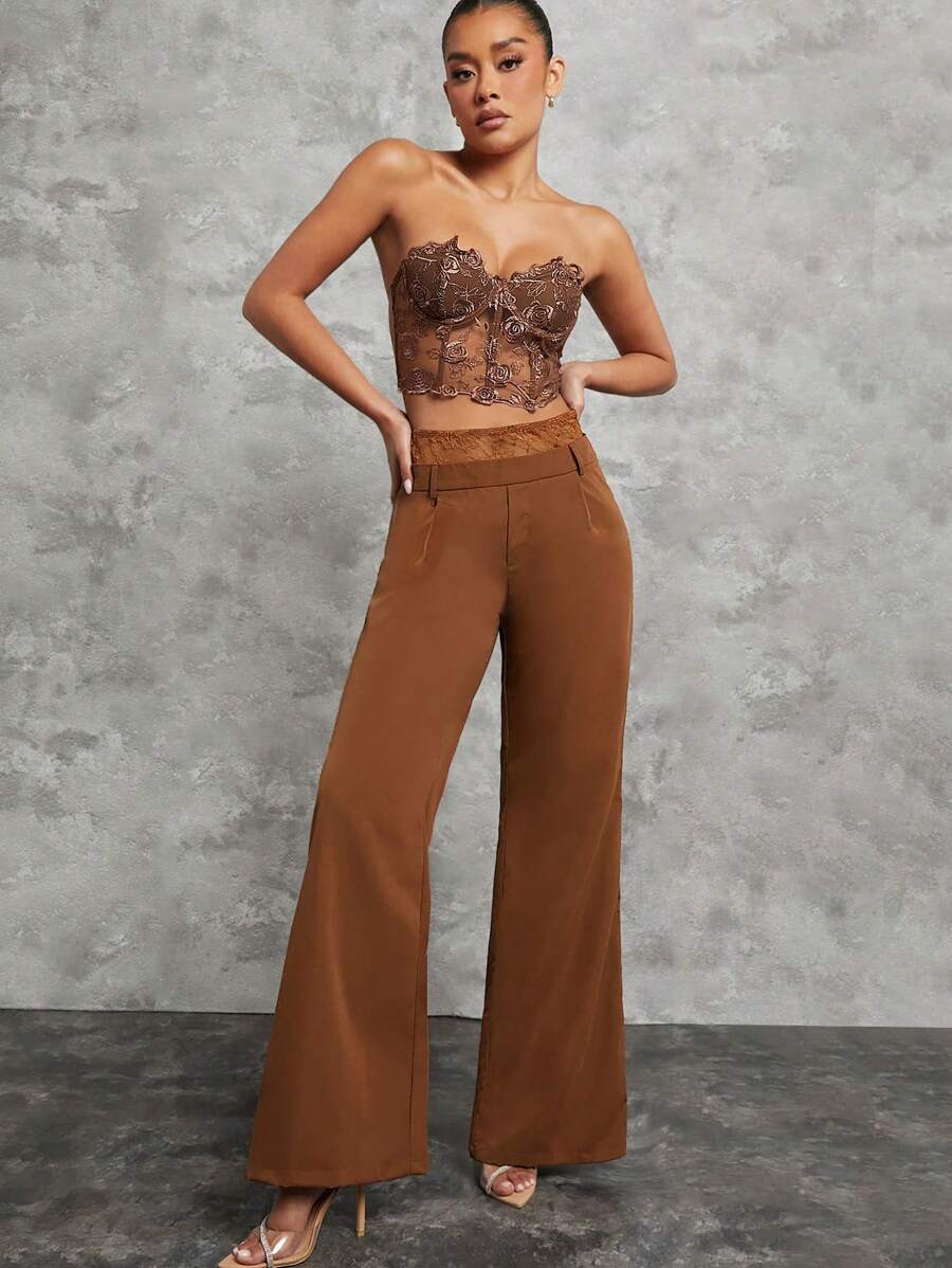 Hauture Wide Leg Pleated Trousers With Lace Detail - Brown - View 1