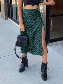 INAWLY Leopard Print Split Thigh Skirt Without Belt - Blue - View 3