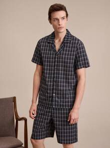 EverLounge Men Plaid Print Button Front Short Sleeve Top & Pants PJ Set - Black - View 3
