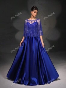 Nuovo abito da sera elegante e di alta qualità, con cinghie a spagetti, con scialle in pizzo, adatto per cerimonie formali, lauree, cene
