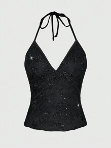 ROMWE Fairycore Summer Fashion Mesh Sequin Embroidered Floral Vine Halter Top