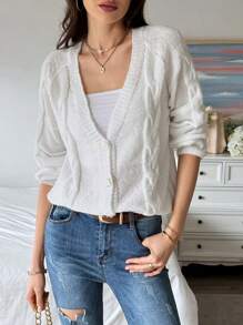 SHEIN LUNE Cable Knit Raglan Sleeve Cardigan - Beige - View 2