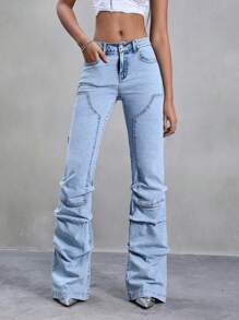 Jeanoix Pantalones vaqueros acampanados de tiro alto con pliegues, de estilo vintage, con bolsillos, para mujer - Lavado ligero - Ver 1