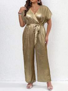 SHEIN Unity Plus Size Elegant High-End Party Jumpsuit With Belt, V-Neck And Batwing Sleeves For New Year Holiday Party Clothes - Gold - View 4