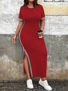 Calvaya Gestreiftes Kurzarm Bodycon-Kleid mit Schlitz-Saum in Große Größen für den Sommer, Neujahrskleider Maxi Outfit für Frauen