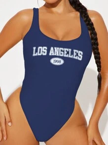 SHEIN Swim Summer Women's One-Piece Swimsuit With 'Los Angeles' Printed Graphic - Navy Blue - View 1