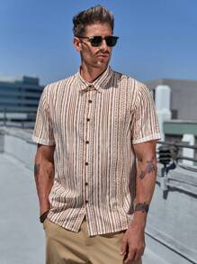 Manfinity Homme Men's Casual Striped Short Sleeve Shirt, Summer - Multicolor - View 5
