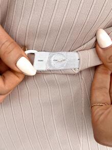 SHEIN Maternity Daily Casual Wear, 2pcs Ribbed Stand Collar Top With Split Hem Pants, Solid Color Slim Fit - Apricot - View 5