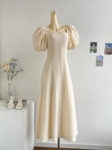 SHEIN Privé 女士純色簡約日常泡泡袖連身裙 - 杏色 - 查看 4