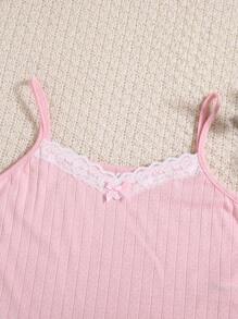 SHEIN Teen Girl Fresh & Sweet Bowknot Lace Trimmed Cami Top With Waist Drawstring Shorts, Summer Pajama Set