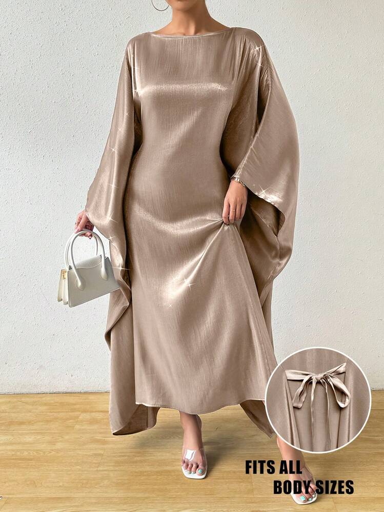 SHEIN Raffinéa Elegante abito lungo e lucido per donna, adatto per feste di compleanno, abiti da invitata a matrimoni, autunno - Champagne - Visualizzare 3