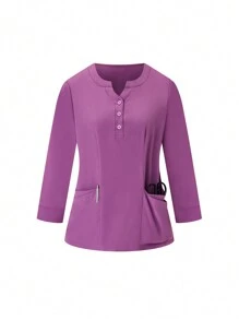 TaskEZ 柔软舒适的半纽扣磨砂制服上衣 - 紫色 - 查看 3