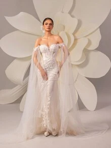 HEARBOBO 优雅蕾丝露肩超长袖薄纱鱼尾婚纱 - 白色 - 查看 11