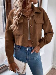 EMERY ROSE 春夏休闲纯色灯芯绒短款夹克，女士春秋休闲纽扣、口袋落肩领常规版型卡其色灯芯绒纯色女士夹克，休闲日常穿着 - 卡其色 - 查看 3