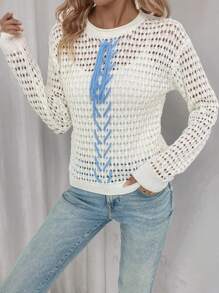 SHEIN LUNE Áo len dệt kim kiểu pointelle, buộc dây phía trước, vai rớt, thích hợp mặc mùa thu đông. - trắng - Xem 6