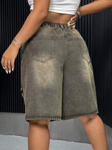 SHEIN ICON Plus High Waist Ripped Frayed Bermuda Denim Shorts - Black - View 2