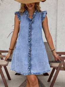 EMERY ROSE Solid Color Denim Dress With Frill Trimmed Cap Sleeve - Blue - View 5