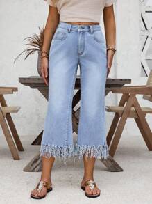 SHEIN LUNE Fringe Hem Flare Leg Jeans - Blue - View 4