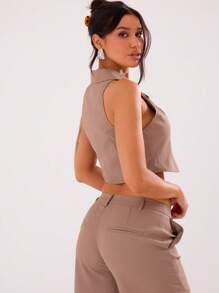 MUSERA 商务深V领翻领修身马甲度假春季优雅春节假日 - 咖啡棕 - 查看 2