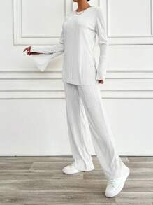 EURMUSE Women's Solid Color Simple Daily Long Sleeve Top And Long Pants 2pcs/Set - White - View 5