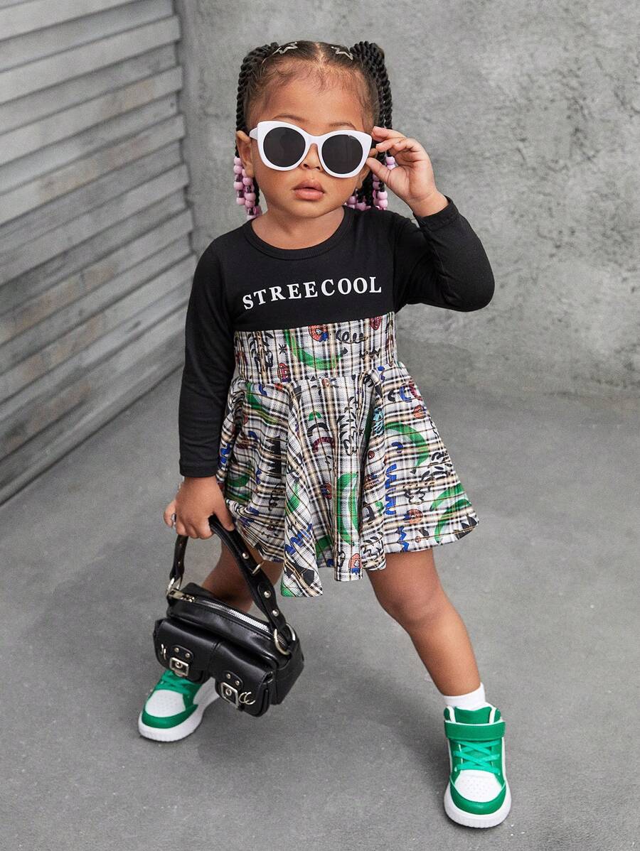 SHEIN Explorewe New Autumn Baby Girls' Fun Plaid & Printed Cool Y2K Style Everyday Casual Dress - Red - View 1