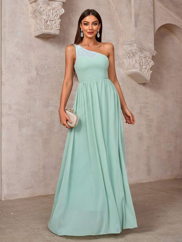 SHEIN Belle 女士純色簡約日常不對稱領連衣裙 - 綠色 - 查看 7