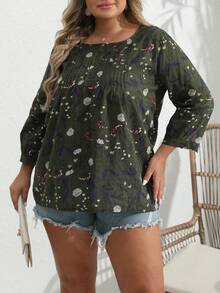 Blusa de talla grande con estampado floral en estilo retro para mujeres - Verde - Ver 4