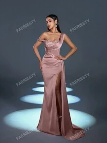 Faeriesty Elegant Sophisticated Satin Asymmetric Maxi Dress With Sequin-Decor Shoulder & Fish-Tailed High-Waisted Slit | Dramatic Evening Look For Galas, Parties Or Luxury Events Party Dress Wedding Guest Dress Formal Dress,Gown