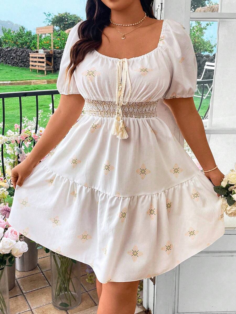 Flirla Digital Printing Plus Size Summer Elegant Dress With Ruffle Trim And Square Neckline Short Sleeves - Beige - View 1