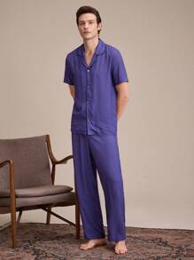 EverLounge Men's Homewear Set, Short Sleeve Button-Up Collared Shirt And Printed Pants With Pockets, Comfortable Pajama - Multicolor - View 6