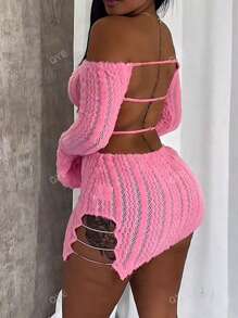 Vestido ajustado con hombros descubiertos y diseño calado de color liso, vestido corto de mujer sexy con corte, borde de lechuga, manga larga dividida con hombros descubiertos, ajuste regular, mangas cortas acampanadas, vestido corto liso para mujer, uso diario casual, primavera/otoño