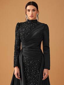 YISIKADO Women Formal Evening Gown Elegant Sequin Patchwork Satin Stand Collar Long Sleeve Dress Black Prom Wedding Guest Dress, For Graduation, Dinner Party Dress