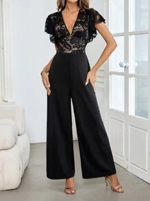 SHEIN Clasi Women's V-Neck Pleated Lace & Mesh Elegant Jumpsuit With Ruffle Trim - Black - View 3