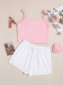 SHEIN Teen Girl Fresh & Sweet Bowknot Lace Trimmed Cami Top With Waist Drawstring Shorts, Summer Pajama Set