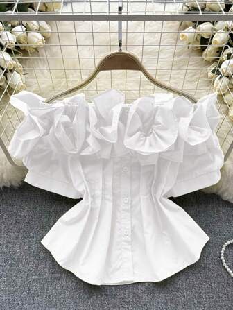 SHEIN Privé 大码女式优雅高街纯色结构衬衫，带荷叶边饰边，V 领，短袖，修身剪裁，非常适合音乐节、婚礼和其他高端场合