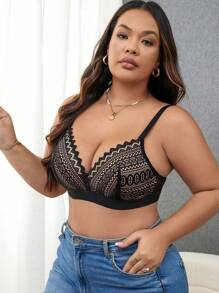Plus Size Lace Patchwork Wireless Bra In Solid Color ,2 Pcs - Black - View 8