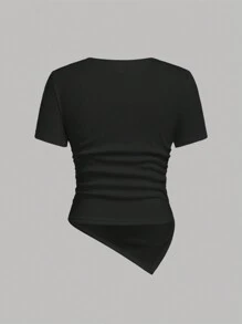 SHEIN Girlism 少女两件套黑白褶皱不对称休闲个性T恤