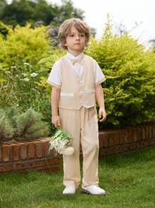 Boys' Pleated Shirt Collar And Bow Tie Linen Vest And Long Pants Gentlemen Outfit - Khaki - View 1